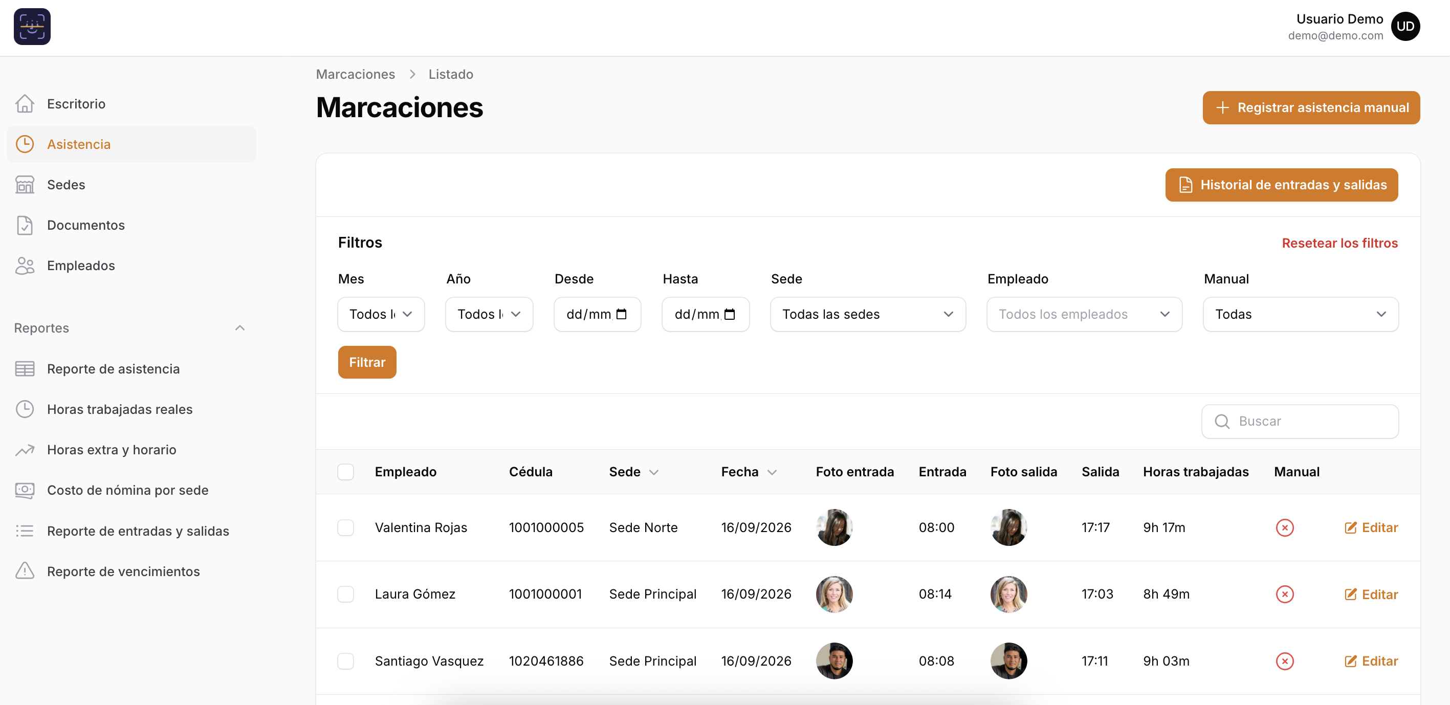 Marcaciones con foto de entrada y salida