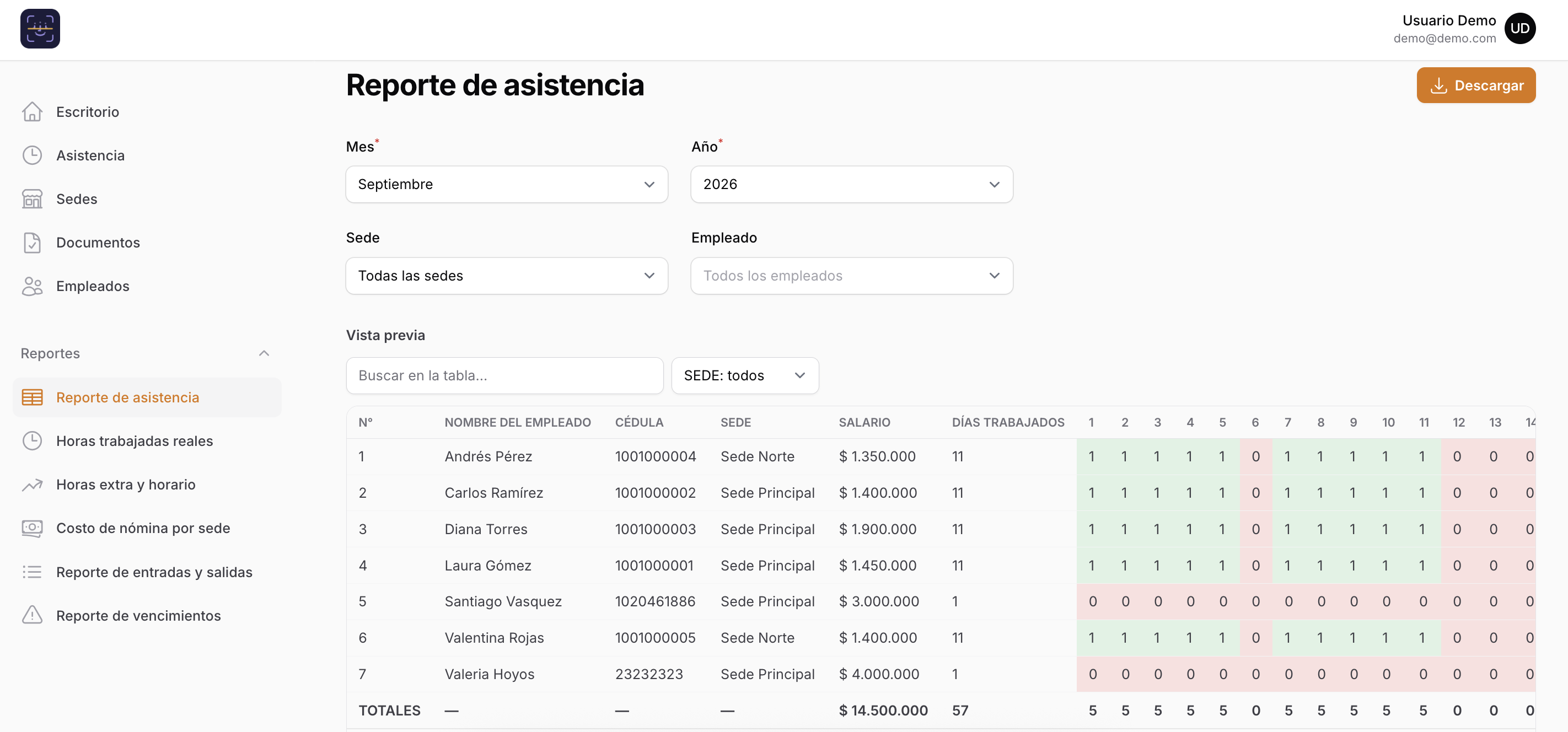 Reporte de asistencia con vista previa